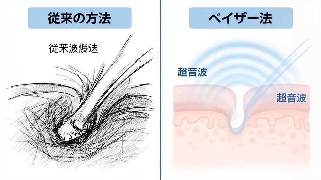 従来の脂肪吸引とベイザー脂肪吸引の技術的違いを示す比較図